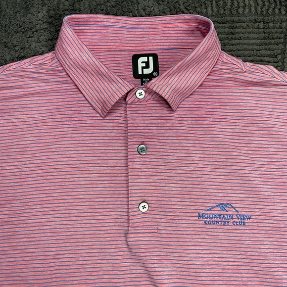 FootJoy Mens 2XL Polo Shirt Pink Blue Striped Mountain View Country Club Golf - Picture 1 of 7